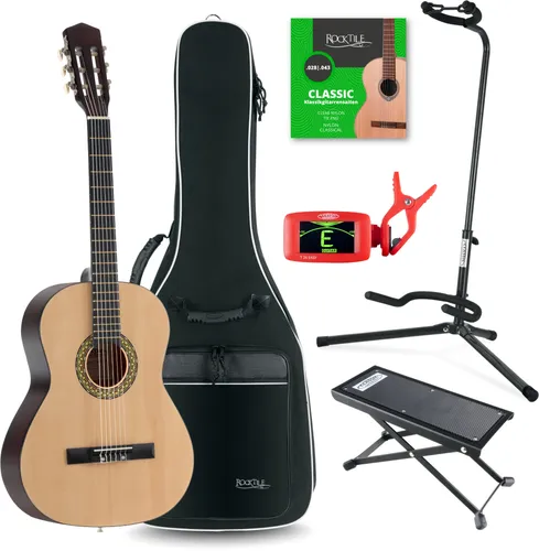 Classic Cantabile Acoustic Series AS-851 Klassikgitarre 7/8 Set - Gitarren Set für Einsteiger, ideal für Kinder von 10-13 Jahren, inklusive Gigbag, Gitarrenständer, Fußbank und Stimmgerät.