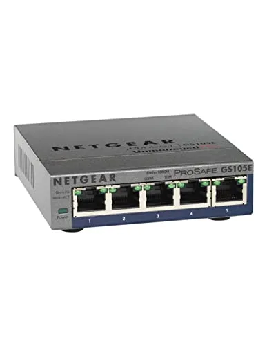 Netgear GS105E Managed Switch 5 Port Gigabit Ethernet - Managed Switch für Desktop oder Wandmontage, lüfterlos für geräuschlosen Betrieb und energieeffizient mit optimiertem Stromverbrauch.
