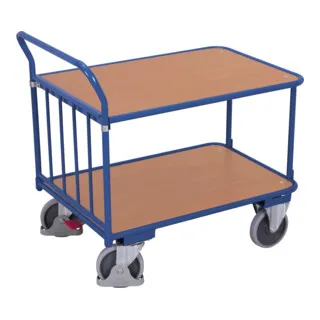 Robuster Tischwagen 400 kg mit 2 Böden - Transportroller mit einer Traglast von 400 kg, pulverbeschichtet in Enzianblau (RAL 5010) und ausgestattet mit EasySTOP Bremssystem für sicheres Bewegen.