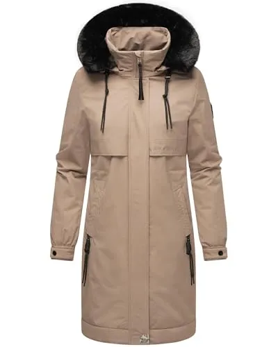 Navahoo Damen Mantel - Lange warme Winterjacke mit abnehmbarem Kunstfell und Kapuze - Funktionsjacken - Ideal für kalte Wintertage, wasserabweisend und winddicht, bietet Komfort und modischen Look.