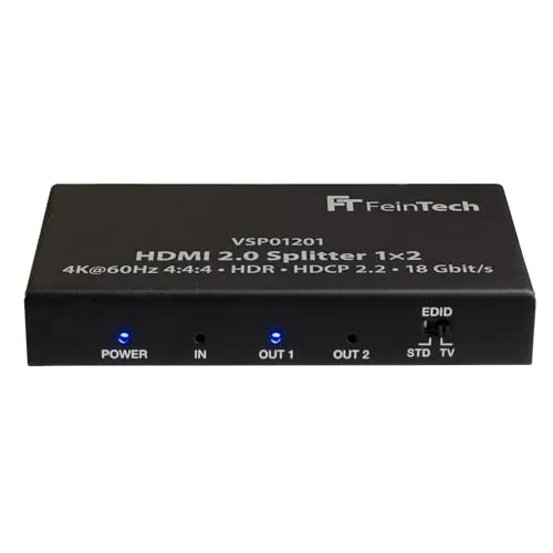 FeinTech VSP01201 HDMI 2.0 Splitter 1 auf 2 Verteiler - Audio & Video Verteilerkasten für Ultra-HD 4K@60Hz mit automatischem Downscaler und EDID-Steuerung, ideal für die gleichzeitige Nutzung von 2 Displays.