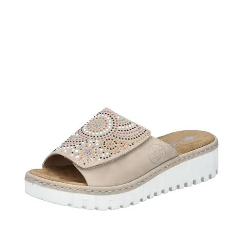 Rieker Damen V1395 Pantolette, Beige, 38 EU - Pantoletten für Damen mit einer speziellen Decksohle mit Noppen, die die Durchblutung der Fußsohlen fördert und optimalen Komfort bietet.