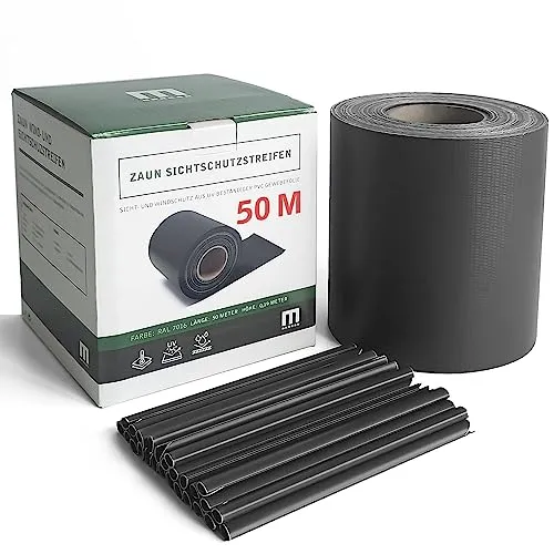 M MERCEO Sichtschutzelement 50m Zaun Sichtschutz-Streifen PVC Grau-anthrazit H=19cm inkl. 40 Clips - Praktischer Sichtschutzstreifen für Stabmattenzäune, schützt vor neugierigen Blicken und Wind. Langlebig bei Temperaturen von -30°C bis +70°C, einfach zuschneidbar und inklusive 40 Clips für die Montage.