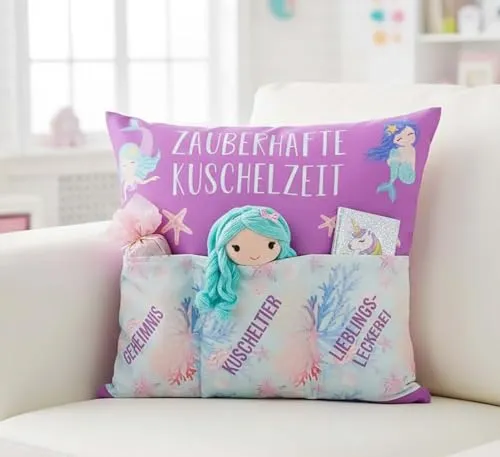 KAMACA Originelles Dekokissen Kissen mit 3 Taschen zum selbst Befüllen und Spruch Größe 43x43 cm tolles Geschenk für Anlässe wie z.B. Geburtstag Mädchen (Meerjungfrau)