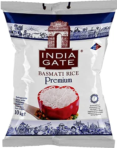 INDIA GATE Premium Basmati Reis – Aromatischer Langkornreis aus Indien (10 kg) - Reis, der mit seinem nussigen Geschmack und dem charakteristischen Duft begeistert. Ideal für Pfannengerichte und Beilagen, perfekt locker und nicht klebend!