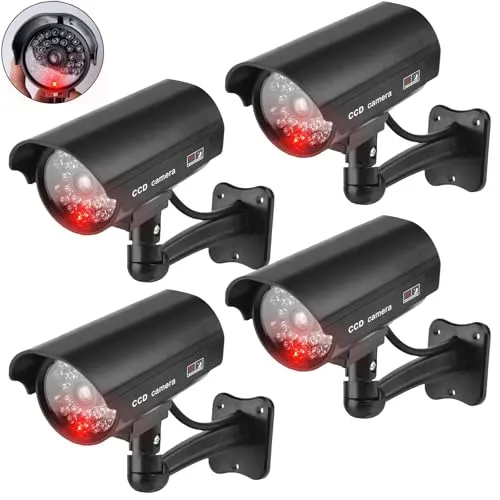 GOMETY 4 Stück Kamera Atrappe Außen, Fake Kamera mit Rot Blinkender LED, Überwachungskamera Attrappe Außen CCTV Dummy Kamera Sicherheitskamera für Innen und Außenbereich (4)