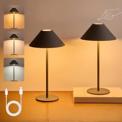 BOJIM Pack of 2 Graue LED Tischlampe Kabellos Akku USB Aufladbar, Touch Dimmbare Tischleuchten Outdoor IP54 Wasserdicht, Tischlampen Ohne Kabel Metall für Balkon Table, Indoor, Garten