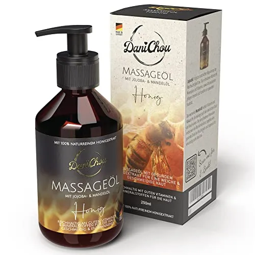 DaniChou Massageöl Honig 250ml - Naturreiner Honigextrakt - Pflegendes Massage Öl für geschmeidige Haut - Regenerierende Muskelentspannung & Skincare - Mit Jojobaöl & Mandelöl - 100% natürlich