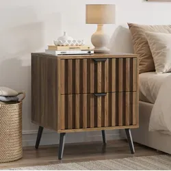 Nachttisch Modern In Walnussoptik Aus Mdf Mit 2 Schubladen Und Schwarzen Metallbeinen, 45 X 40 X 53 Cm