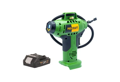 Procraft LK20 Akku Kompressor 20 V 11 bar mit 2,0 Ah Akku - Akku Kompressor mit 20 V und 11 bar Druck. Ideal für mobile Anwendungen, bietet eine hohe Durchflussrate von 12 l/min. Kompakt und leicht, perfekt für den Einsatz unterwegs.