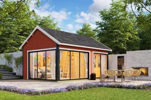 Gartenhaus Blockhaus Murano 3 rot 598x450 cm - Gartenhaus mit Satteldach und 44 mm Wandstärke, ideal für Gartenliebhaber. Abschließbar, mit großzügiger Nutzfläche von 21.58 m² und isolierverglasten Schiebetüren.