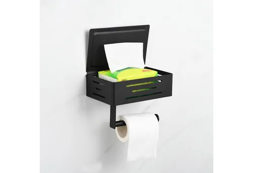 VOSSBACH Toilettenpapierhalter mit Feuchttuchspender - Eleganter Toilettenpapierhalter mit integrierter Feuchttuchbox in Schwarz, aus hochwertigem Edelstahl für eine stilvolle und praktische Badgestaltung.