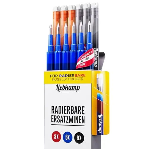 LIEBKAMP Radierbare Ersatzmine blau, rot, schwarz 0,7mm [12 Stk]|Für Radierbarer Kugelschreiber, Tintenroller Radierbar, Radierstift, Erasable Pen