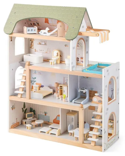 Puppenhaus aus Holz mit 33 Möbelstücken, Balkon und Pool