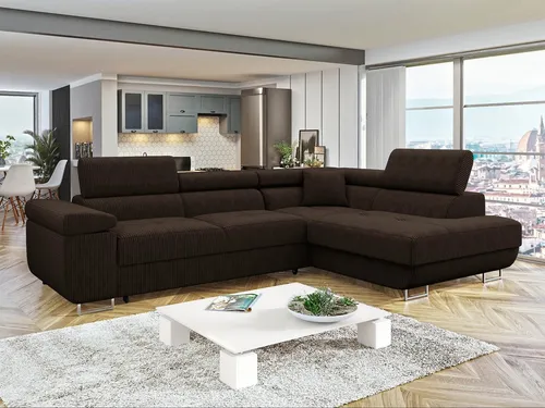 MIRJAN24 Ecksofa Torezio Cord – Stilvolle Eckcouch mit Schlaffunktion und Bettkasten, 274x203 cm - Entdecken Sie das elegante Ecksofa Torezio mit verstellbaren Kopfstützen und praktischem Bettkasten. Ideal für jeden Wohnraum, bietet es sowohl Komfort als auch Funktionalität.