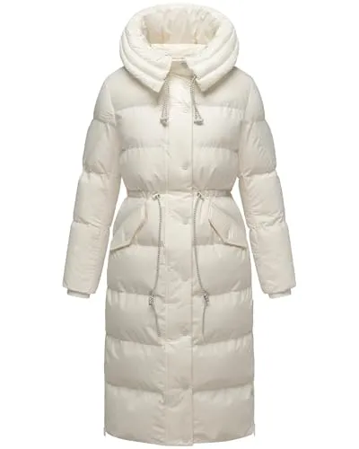 Navahoo Damen Langer Wintermantel warmer Steppmantel aus einem angesagten Materialmix und großer Kapuze Knusperherz 14 Offwhite Gr. L