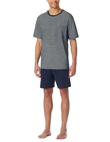 Schiesser Herren Schlafanzug kurz Rundhals - Nachtblau - Schlafanzug für Herren mit gemustertem Oberteil, Brusttasche und bequemer Uni-Hose, ideal für entspannte Nächte.