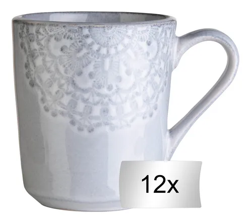 Home4You Steingut Becher Set - Elegantes Set aus 12 hellgrauen Kaffeetassen mit floraler Prägung. Hergestellt aus hochwertigem Steingut, ideal für Ihren täglichen Kaffeegenuss. Mikrowellen- und spülmaschinengeeignet für praktischen Einsatz.