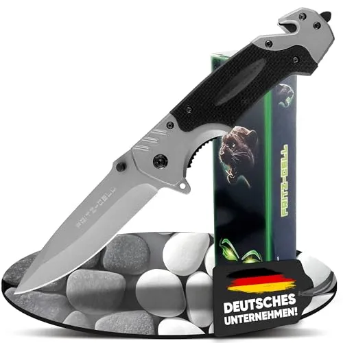 fritz-cell Klappmesser Einhandmesser Survival Taschenmesser Outdoor Messer schwarz silber R75 mit Glasbrecher und Gurtschneider