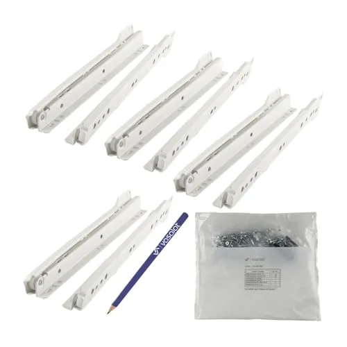 vasalat Rollschubführung Schubladenschienen 300mm Teilauszug Schienen für Schubladen, Schubladenauszüge für die aufliegende Montage, Stahl cremeweiß 4 Paar