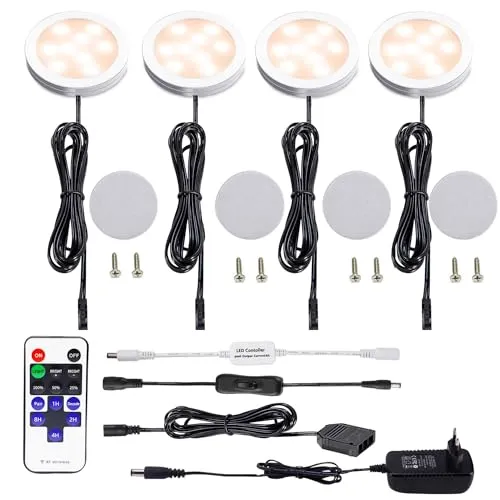 AIBOO Unterbauleuchte Küche LED 230V Schrankbeleuchtung 4 Stück mit Fernbedienung Dimmbar,12V Unterbauleuchte LED mit Kabel für Kabinett Schränke Kleiderschrank 8W Warm Weiß