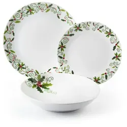 Excelsa Geschirrset 18-Teilig Christmas Holly Porzellan Grün - Elegantes 18-teiliges Geschirrset aus hochwertigem Porzellan, ideal für festliche Weihnachtsessen. Verziert mit Stechpalmenmotiven bringt es festliche Stimmung auf Ihren Tisch und ist mikrowellen- sowie spülmaschinenfest.