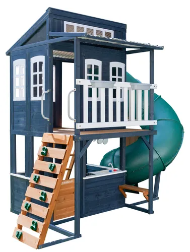 KidKraft Cozy Escape Spielturm mit Rutsche – Zweistöckiges Outdoor Klettergerüst mit Tunnelrutsche, Kletterwand & Spielküche