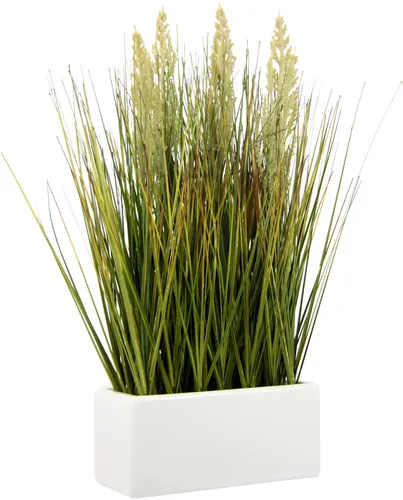 Flair Flower Künstliches Gras in Schale aus Keramik - Künstliche Pflanzen, naturgetreue Nachbildung in eleganter weißer Keramikschale, ideal für pflegeleichte Dekoration in jedem Raum.