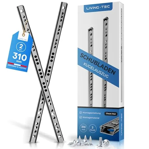 LIVING TEC® Schubladenschienen 310mm x 17mm Nut - 2Paar Gleitschiene inkl. Montageschrauben - Schubladenauszug - Schubladenauszüge - Auszugsschienen - Schienen für Schubladen Schienensystem - Auszüge