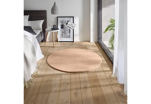 TaCa Home Waschbarer Kurzflor-Teppich rund - 120 cm Beige - Flachgewebe-Teppiche, waschbar bei 30 Grad und mit Anti-Rutsch Beschichtung für mehr Sicherheit. Ideal für Wohnzimmer, Schlafzimmer, Küche und Flur.
