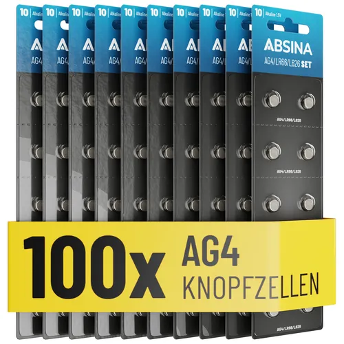 ABSINA Knopfzelle AG4 Alkaline 1.5V - 100er Pack, zuverlässige Stromversorgung für diverse Geräte