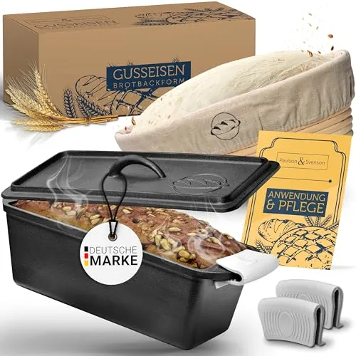 Paulson & Svenson - Brotbackform mit Deckel inkl. Gärkorb & Silikongriffe - Brotform aus Gusseisen zum Backen, Kochen, Grillen - Brottopf/Gusstopf in Kastenform (rechteckig) für frisches Kasten-Brot