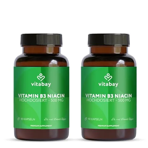 Vitabay Vitamin B3 Niacin 500 mg - 180 Vegane Flush Free Niacinamide Kapseln - Vitamin B3 Hochdosiert Niacinamide - Laborgeprüft & ohne unerwünschte Zusätze