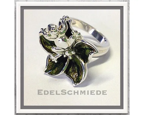 Produktbild Edelschmiede925 Silberring Ring 925 Silber kl. Frosch auf grüner Blüte Größe 58