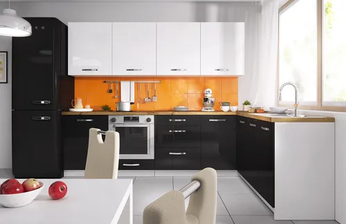 L-Form Küchenzeile ESSEN TREND 303x180cm - Hochglanz in Weiß und Schwarz - Moderne Einbauküche in L-Form, ausgestattet mit Soft-Close-Türen und eleganten chromglänzenden Griffen. Perfekt für stilvolle Küchenräume.