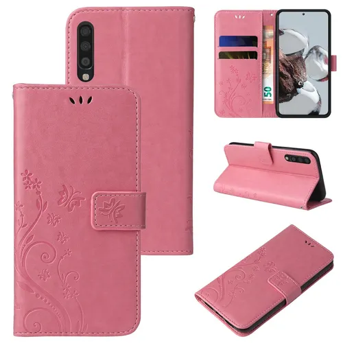 Handyhülle für Samsung Galaxy A70 Klapp Case Tasche Blume Schmetterling Rosegold