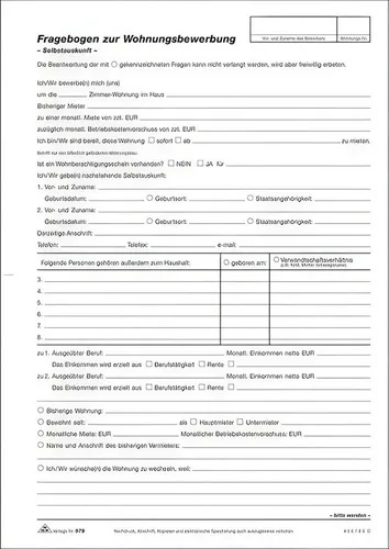 RNK Formularblock RNK Fragebogen zur Wohnungsbewerbung, 2 Seiten, A4