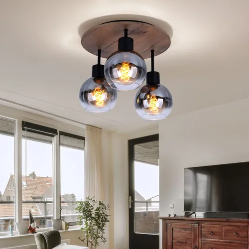 Deckenleuchte 3-flammig in Holzoptik mit Glasschirmen - Lampen: Stilvolle Deckenleuchte in Holzoptik mit 3 E27 Fassungen, individuell einstellbar für perfekte Lichtverhältnisse. Ideal für Schlafzimmer und moderne Wohnräume.