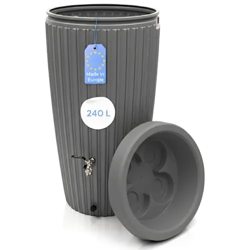 YourCasa Regentonne 240 Liter mit Messing Wasserhahn – Frostsicher & Modern - Elegante Regenwassertonne mit 240 Liter Fassungsvermögen, frostbeständig und aus UV-beständigem Recyclingkunststoff. Inklusive hochwertigem Messinghahn für eine zuverlässige Nutzung im Garten.