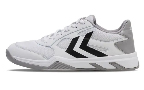 hummel Hallen-Indoorschuhe Teiwaz IV - Herren Badmintonschuhe in Weiss/Grau, Größe 46,5 (12,5) - Badmintonschuhe für Herren mit atmungsaktivem Mesh-Obermaterial und REACH-Technologie für optimale Unterstützung und Komfort bei jedem Spiel.