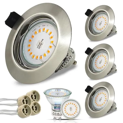 HiBay 4er LED Einbaustrahler Set GU10 Einbaurahmen 5W Warmweiß LED Spot 230V Edelstahl Gebürstet Einbauspot Rund inkl.GU10 Fassung