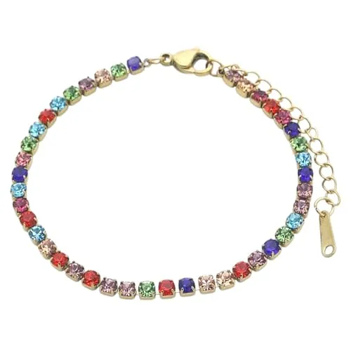 meberg Karma MTB091-042 Tennisarmband Damen Kristall Armband verstellbar Gold mit bunten Steinen Glitzer Armkettchen mit Karabinerverschluss zierlich, filigran & elegant (Gold bunt)