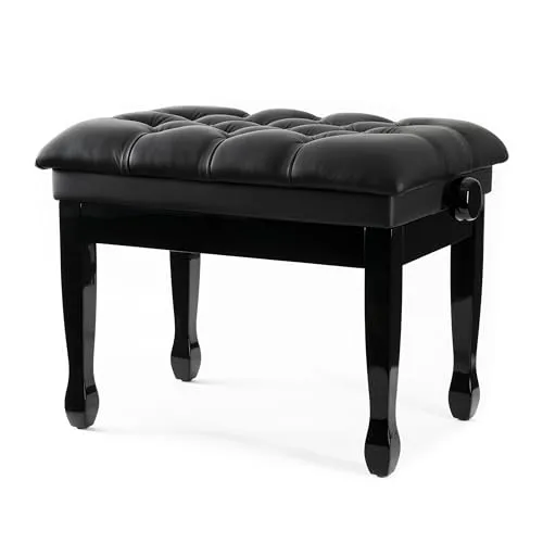 Fame PB-30C BK/E Höhenverstellbare Klavierbank - Klavier-Sitzbank mit hochwertiger Echtleder-Sitzfläche und stufenloser Höhenverstellung für individuelle Anpassung. Robuste Konstruktion und elegantes Design in Hochglanz Schwarz.