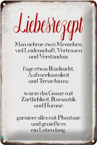 Schild Blech 20x30cm - Liebesrezept Retro Deko - Wand- & Türschilder, hochwertig verarbeitet in Deutschland mit hervorragendem Druck und vorgebohrten Löchern für einfache Montage.