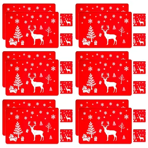Pwsap 24pcs Weihnachten PVC Tischsets Untersetzer Set, Waschbar Rentier Weihnachts Hitzebeständige Tischsets für Esstisch Dekoration