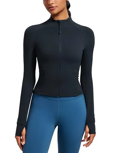 CRZ YOGA Damen Butterluxe Full Zipper Sport Jacke Zip Tasche Crop Running Laufjacke Gym Langarmshirt Sweatjacke mit Daumenloch Echte Marine 34