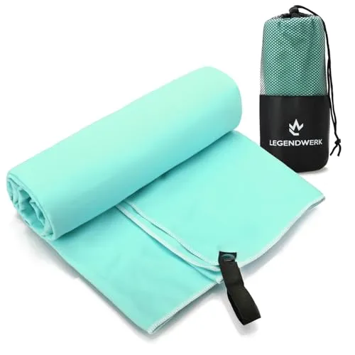 Legendwerk® Mikrofaser-Handtuch TÜRKIS 160x80 cm – schnelltrocknendes Outdoor-Handtuch für Wandern, Trekking & Reisen – Ultraleicht mit Beutel & Schlaufe – platzsparend & praktisch