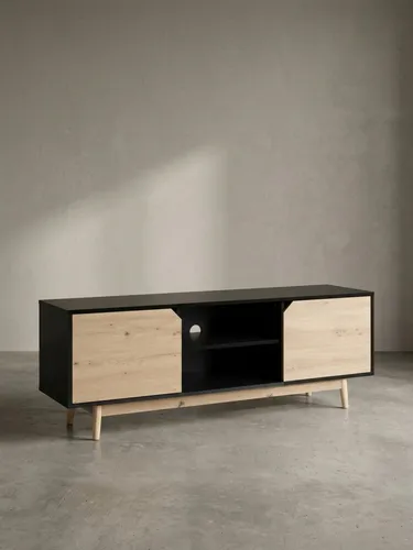Modernes Lowboard Schwarz Eiche-Nachbildung 150 cm - Stylisches TV-Möbel für Fernseher bis 70 Zoll, mit zwei Türen und offenen Ablagefächern für optimale Kabelorganisation und Stauraum.