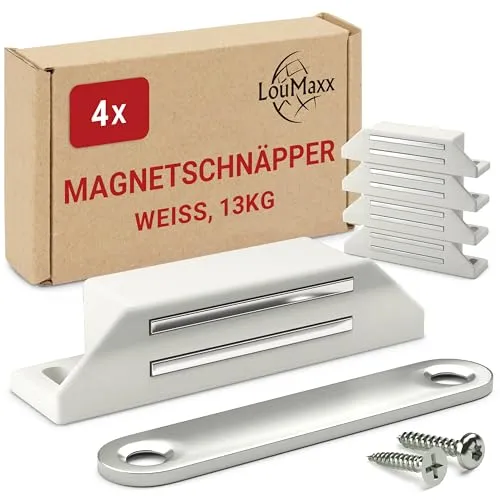 LouMaxx Magnetschnäpper extra stark – 4er Set weiß – Türmagnet mit 13 kg Haltekraft für Schrank- und Möbeltüren sowie Balkon- und Terassentüren – Magnetverschluss inkl. Montagematerial