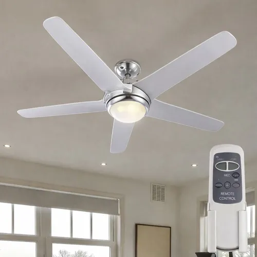 LED Deckenventilator mit Fernbedienung - Chrom Weiß, 3 Stufen, 20W - Moderne Ventilatoren für effiziente Raumkühlung und Heizkostensenkung. Ideal für Räume bis 30m², mit Fernbedienung und einstellbarem Rücklauf für optimale Luftzirkulation.